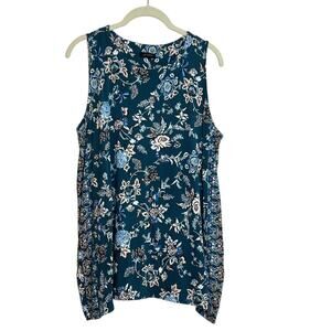 J. Jill Wearever Womens Knit Top M Teal Blue Floral Sleeveless Rayon Stretch